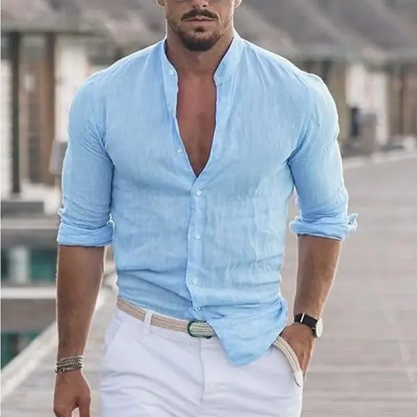 Men's Linen Solid Color Casual Stand Collar Long Sleeve Shirt - Salolist.com 
