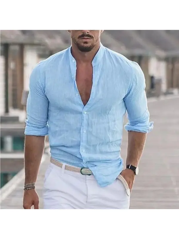 Men's Linen Solid Color Casual Stand Collar Long Sleeve Shirt - Ootdmw.com 