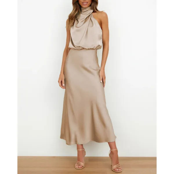 High-end Satin Sleeveless Dress Fashion Elegant Lady Light Evening Dress - Yiyistories.com 