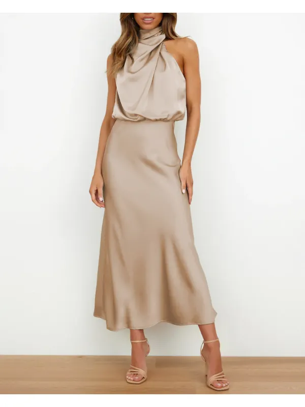 High-end Satin Sleeveless Dress Fashion Elegant Lady Light Evening Dress - Spiretime.com 