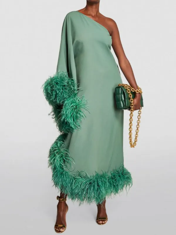 Women's Elegant Sleek Grey Green Slanted Shoulder Feather Dress - Machoup.com 