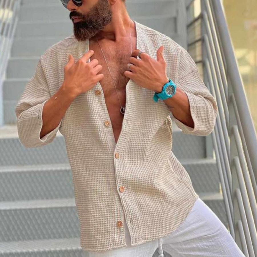 

Mens Solid Color Classic Waffle Summer Beach Shirt