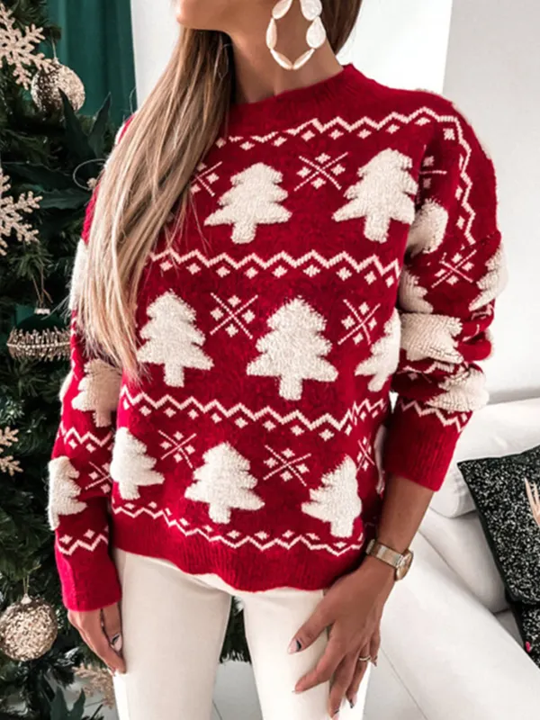 Women's Christmas Jacquard Half Turtle Neck Long Sleeve Sweater - Realyiyi.com 