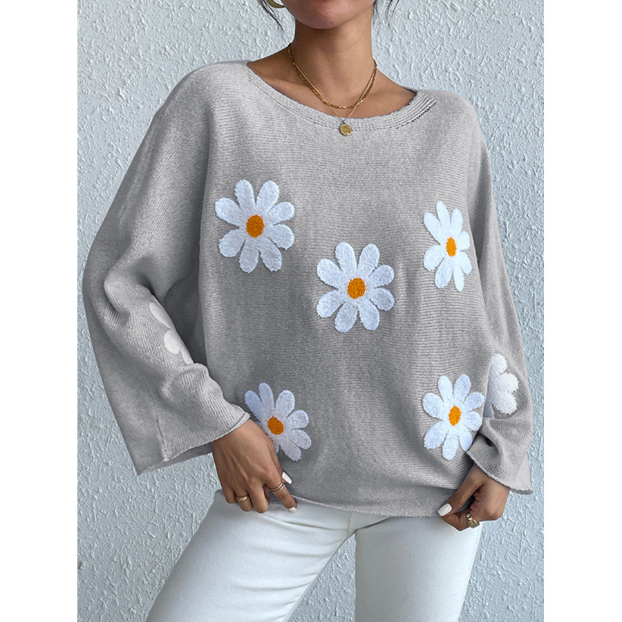 

Damenpullover Mit Bestickten Blumen Und Fledermausärmeln Lässiger Pullover