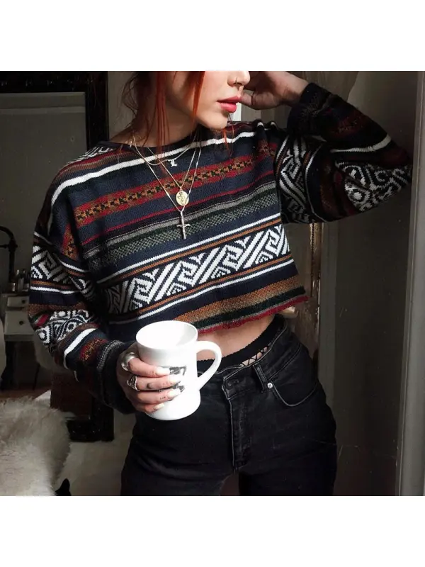 Oversized Vintage Striped Cropped Sweater - Realyiyi.com 