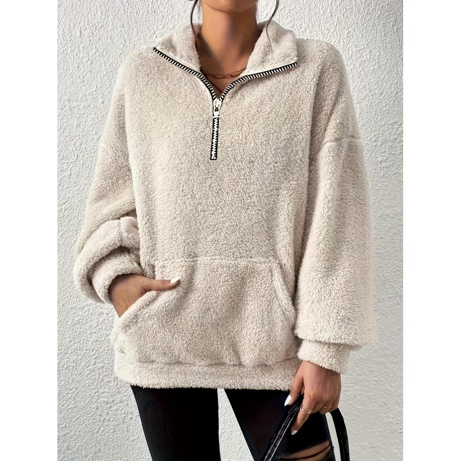 

Damen-Sweatshirt Aus Lockerem Fleece Mit Reißverschluss Und Stehkragen Und Tasche