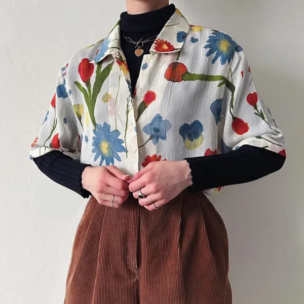 Women's Retro Floral Pattern Quarter Sleeve Shirt - Relieffe.com 