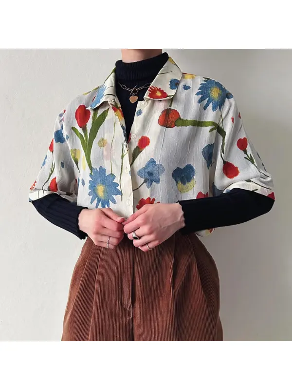 Women's Retro Floral Pattern Quarter Sleeve Shirt - Onevise.com 