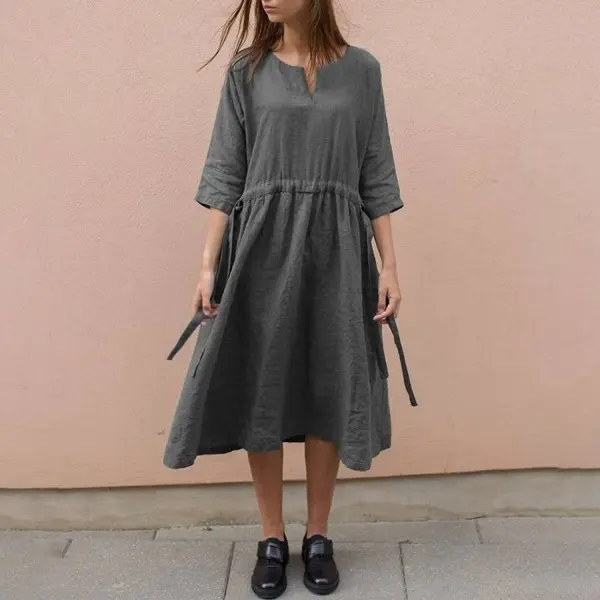 Casual Lace V Neck Cotton Linen Dress - Yiyistories.com 