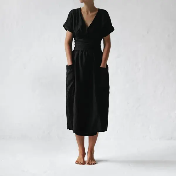 Women's Fashion V Neck Belt High Waist Short Sleeves Cotton- Linen Dress - Yiyistories.com 