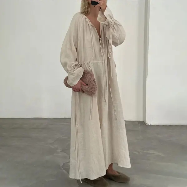 Casual Lace-Up Loose Cotton Linen Dress - Yiyistories.com 