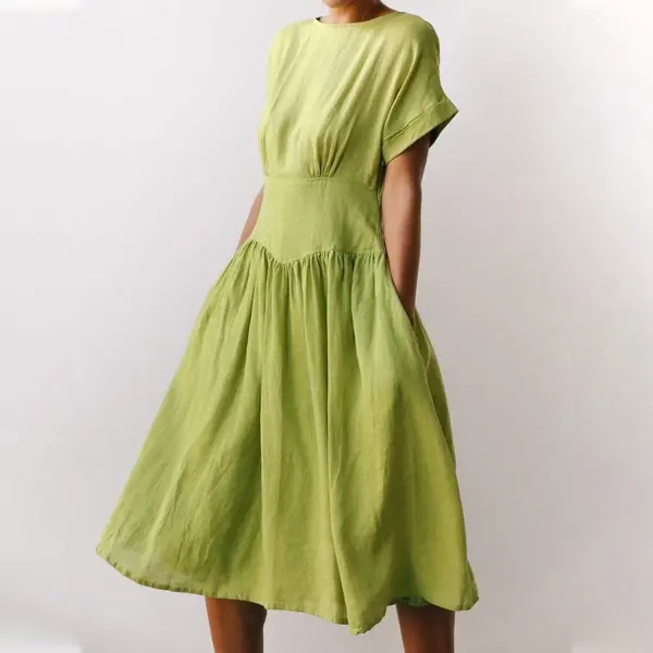 Linen Grass Green Midi Dress - Yiyistories.com 