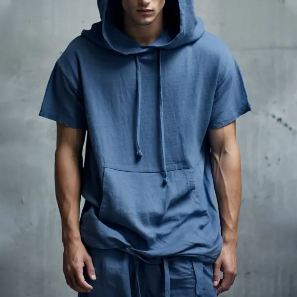 Men's Linen Hooded Short Sleeve Shirt - Yiyistories.com 