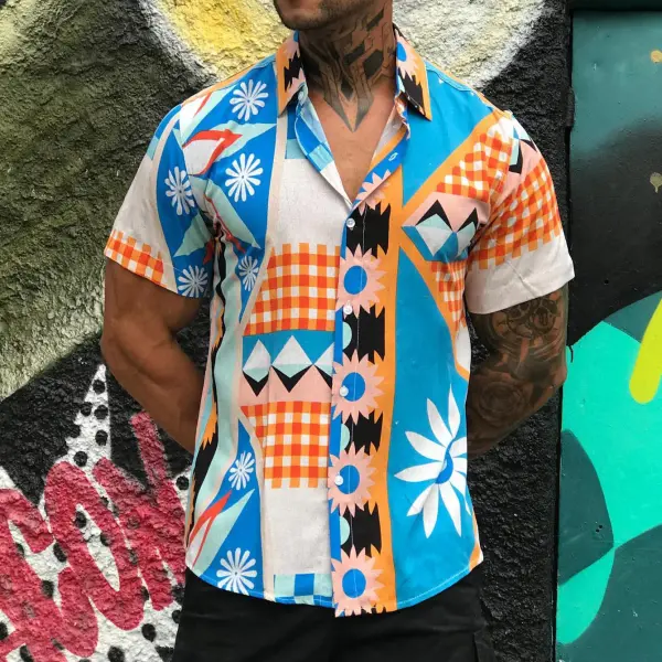 Geometric Print Hawaiian Short-sleeved Shirt - Fineyoyo.com 