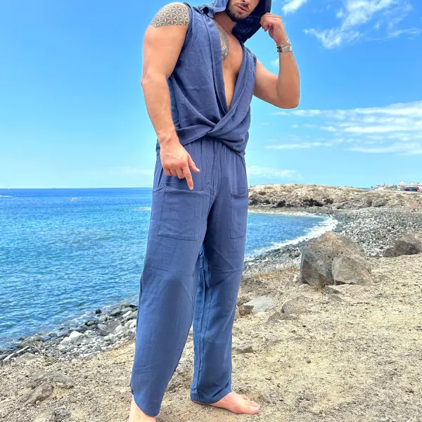 Men's Cotton And Linen Navy Blue Sleeveless Hooded Vacation Beach Comfort Suit - Yiyistories.com 