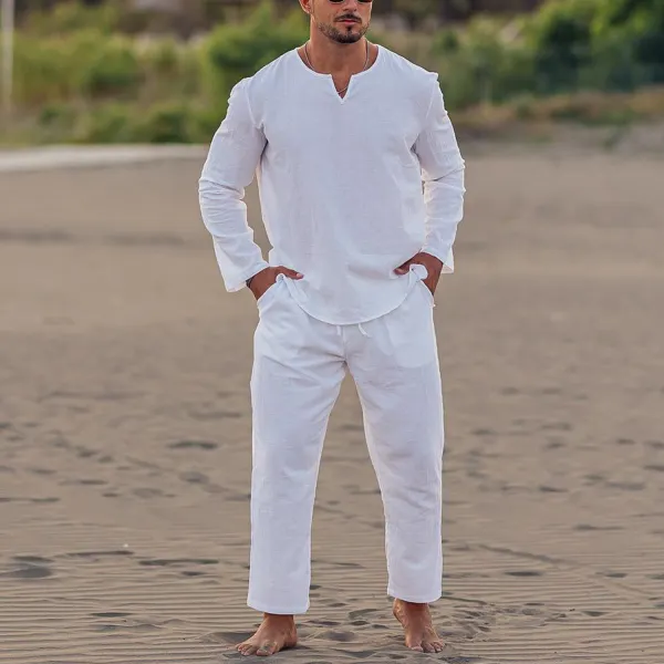 Men's Cotton And Linen White Vacation Beach Comfort Suit - Yiyistories.com 