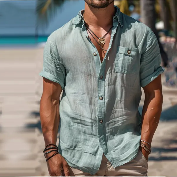 Men's Holiday Solid Linen Button-Down Shirt - Yiyistories.com 
