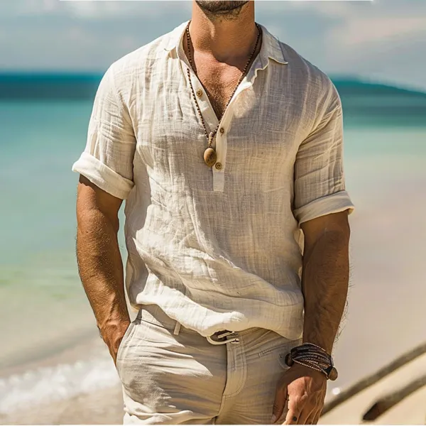 Men's Holiday Plain Casual Linen Shirt - Yiyistories.com 