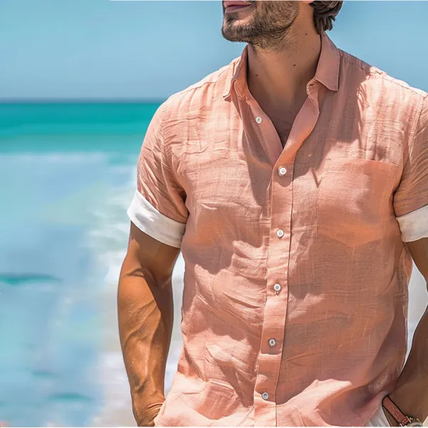 Men's Casual Plain Button-down Linen Shirt - Spiretime.com 