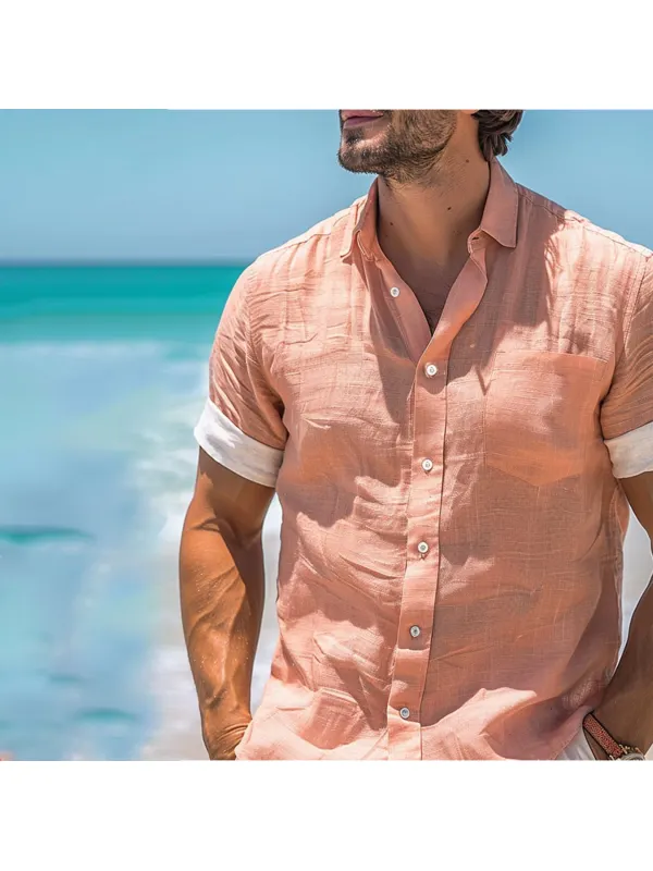 Men's Casual Plain Button-down Linen Shirt - Timetomy.com 