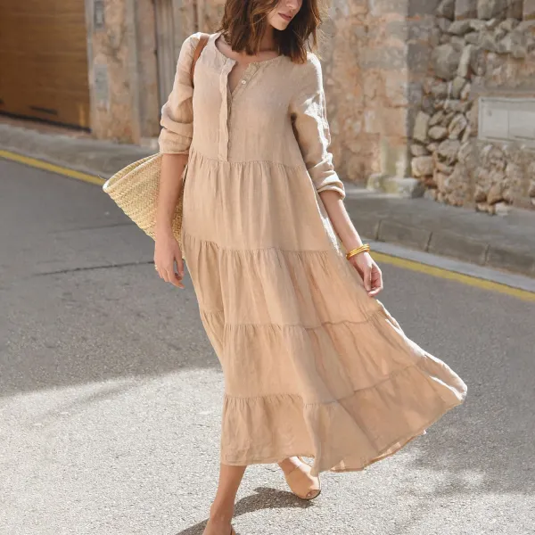 Brown Linen Layered Resort Dress - Yiyistories.com 