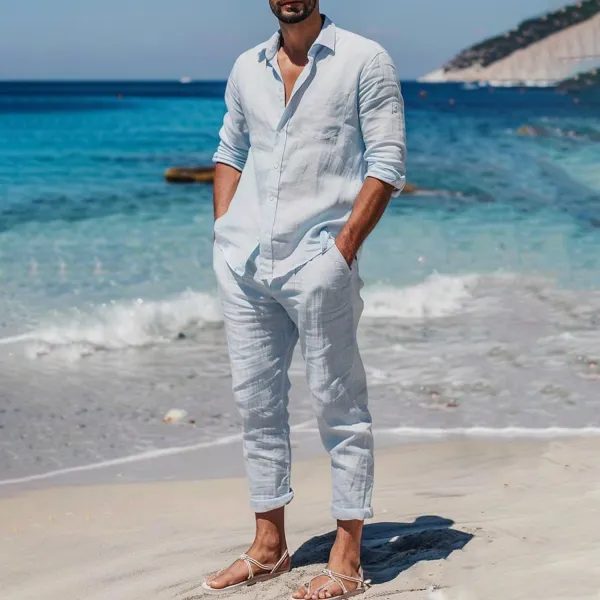 Cotton And Linen Comfortable Light Blue Vacation Beach Suit - Yiyistories.com 