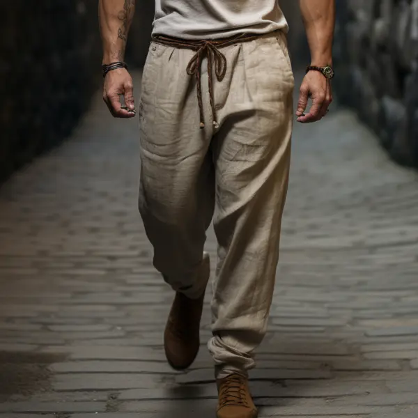 Men's Holiday Breathable Linen Lace-up Pants - Yiyistories.com 