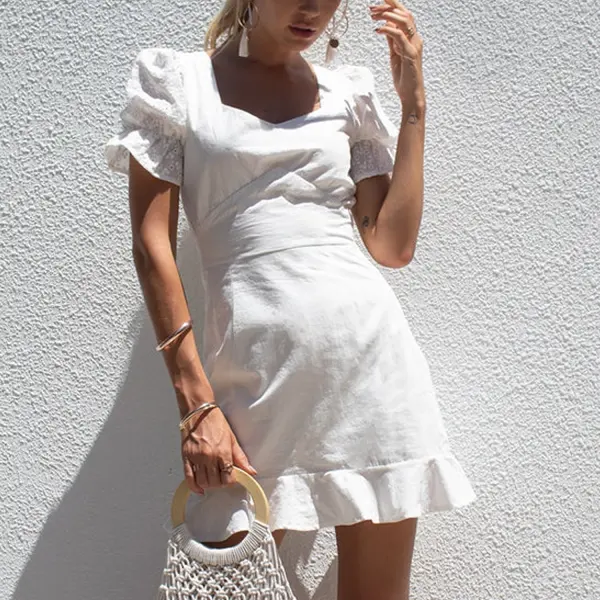 Women's Waisted Puff Sleeve Mini Dress - Salolist.com 