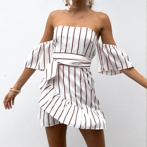 Women's Striped Ruffle Mini Dress - Yiyistories.com 