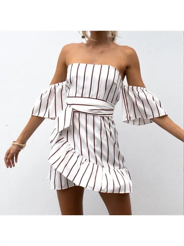 Women's Striped Ruffle Mini Dress - Cominbuy.com 