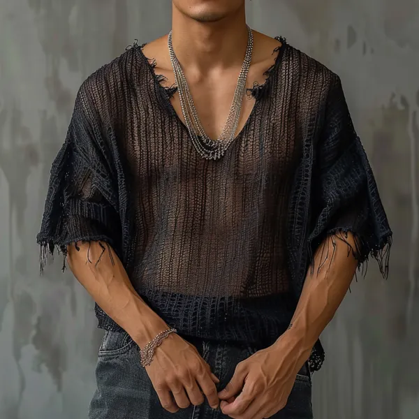 Men's Wide Collar Sheer Fringed Short Sleeve Shirt - Yiyistories.com 