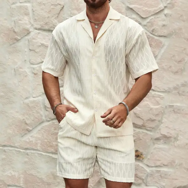 Cotton And Linen Vacation Casual Cuban Collar Short-sleeved Shorts Two-piece Set - Yiyistories.com 
