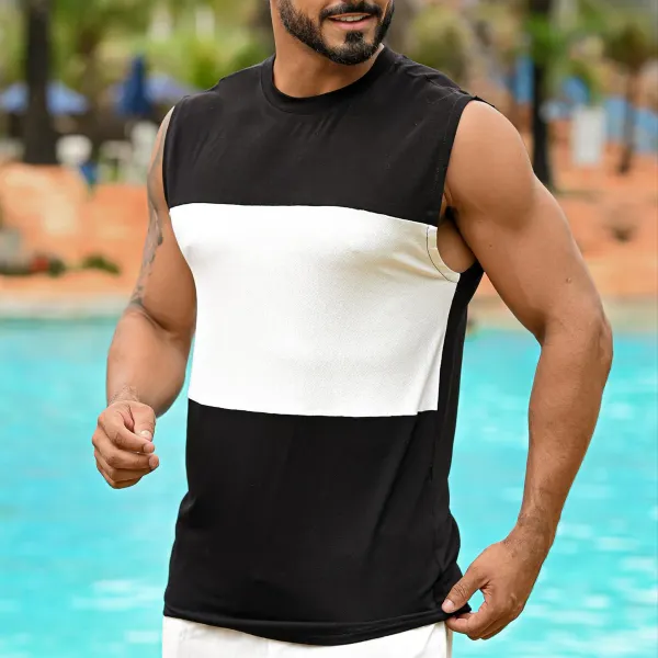 Breathable Cotton Black And White Color Block Vacation Men's Sleeveless Vest - Yiyistories.com 