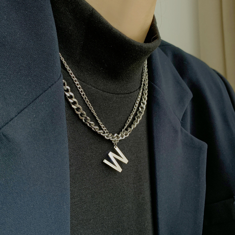 European And American Personality Stainless Steel Chain Necklace W Letter Double Clavicle Chain Hip Hop Earth Cool Wild Short Necklace Female