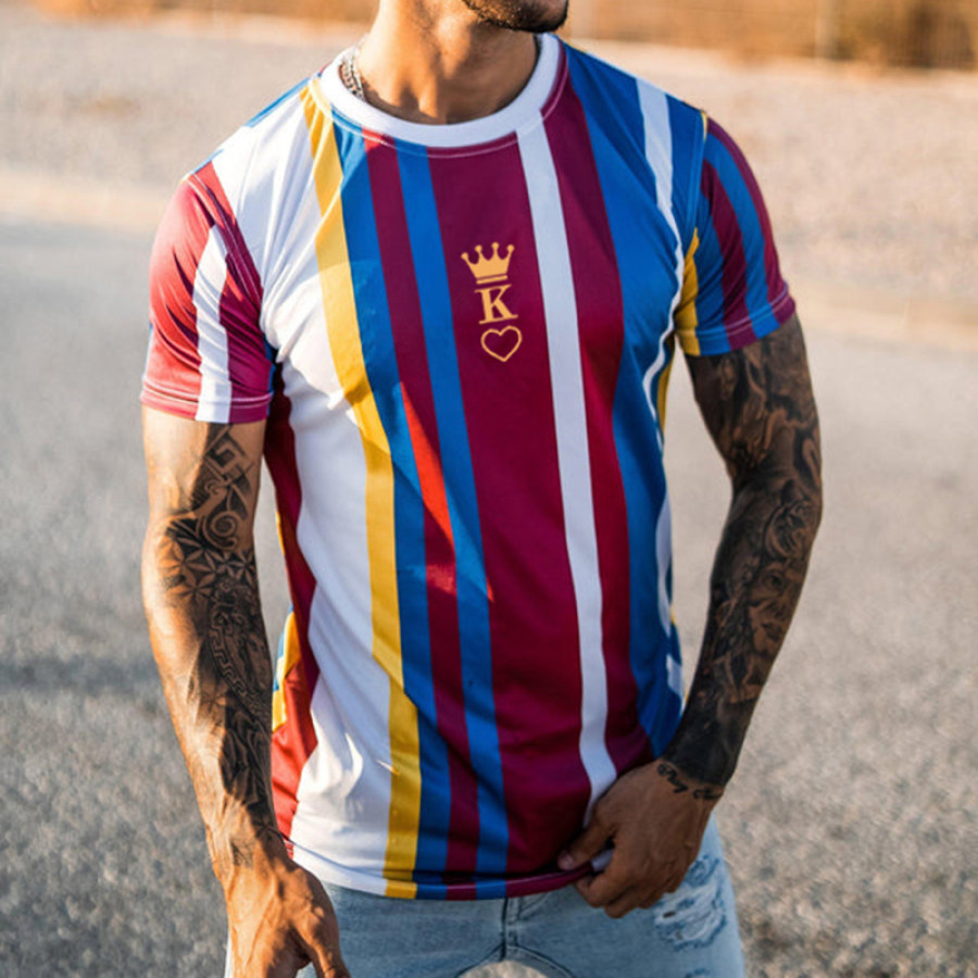 

Men's Fashion Peach Heart KING Stripe Print Casual Short Sleeve T-Shirt