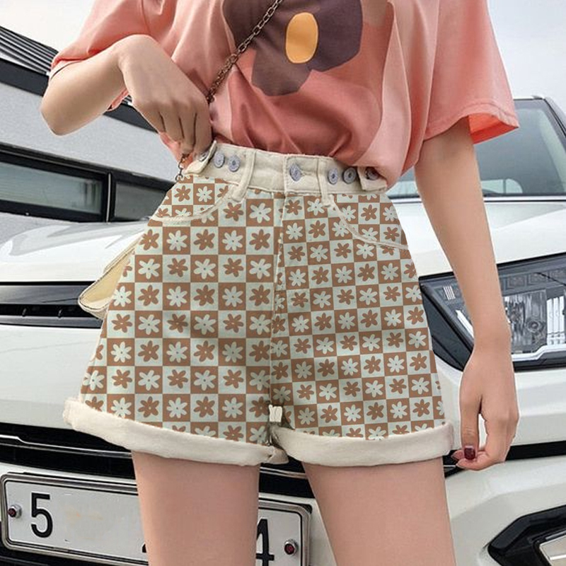 Women High waist Classic Checkerboard Flower Printed Shorts