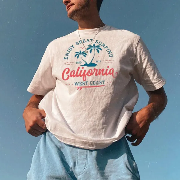 California WEST COAST Impreso Camiseta Casual Vintage Para Hombre - Faciway.com 