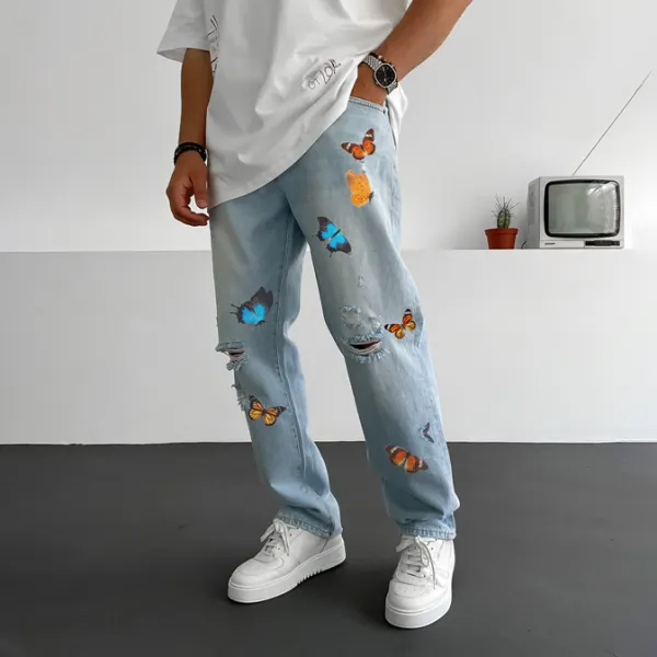 Men's Fashion Butterfly Print Ripped Jeans - Faciway.com 