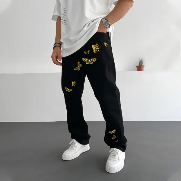 Men's Fashion Butterfly Print Ripped Jeans - Faciway.com 