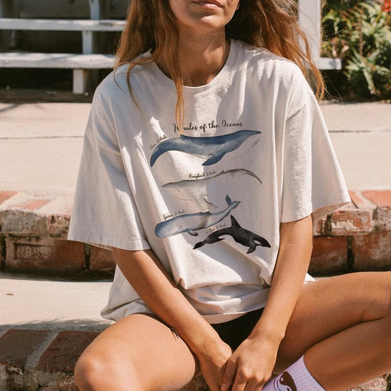 Summer Retro Surf Marine Life Printed Casual Tee