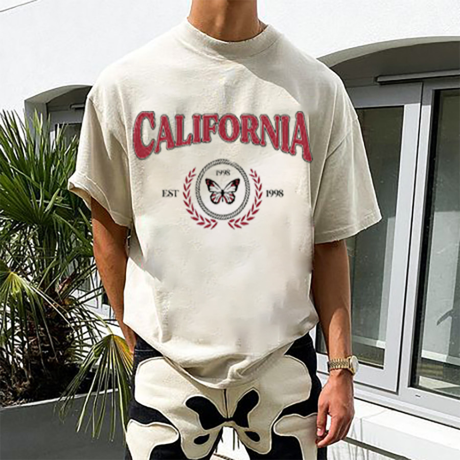 

Men's American Retro Street Trend Loose Casual Light Apricot Letter Print T-Shirt