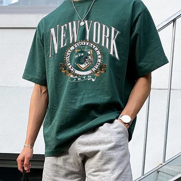 Men's American Retro Street Trend Loose Casual Green Letter Print T-Shirt - Faciway.com 