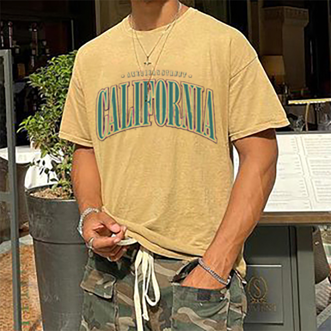 Men's Street Retro Fashion Loose Casual Yellow Letter Print Short Sleeve T Shirt