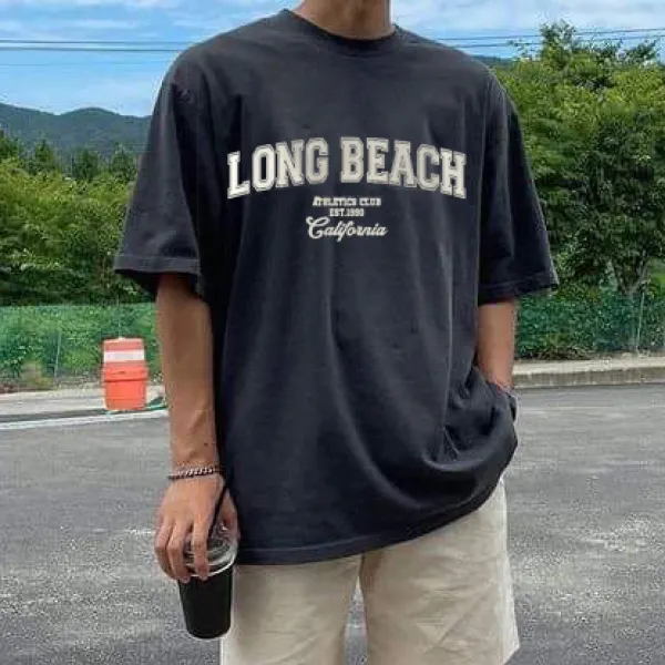 Men's Street Retro Fashion Loose Casual Black Letter Print Short Sleeve T-Shirt - Faciway.com 
