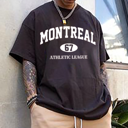 Men's Street Retro Fashion Loose Casual Coffee Color Letter Print Short Sleeve T Shirt