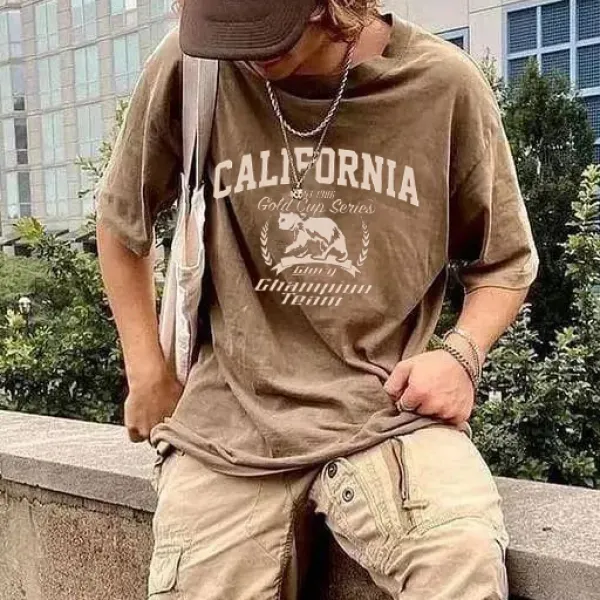 Men's Casual Loose American Street Retro Brown Print Short Sleeve T-Shirt - Fineyoyo.com 
