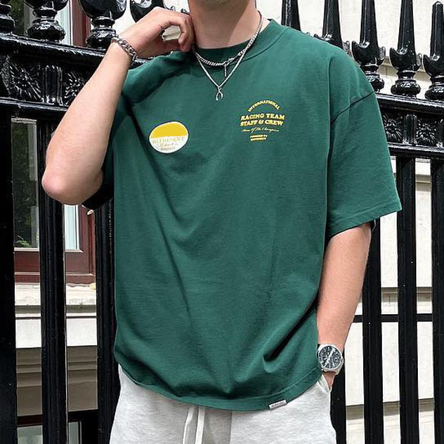 

Men's American Retro Street Trend Loose Casual Green Letter Print T-Shirt