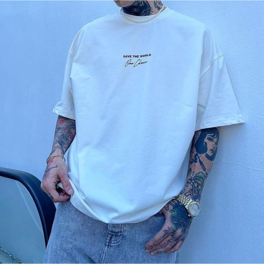 

Men's American Retro Street Trend Loose Casual White Letter Print T-Shirt
