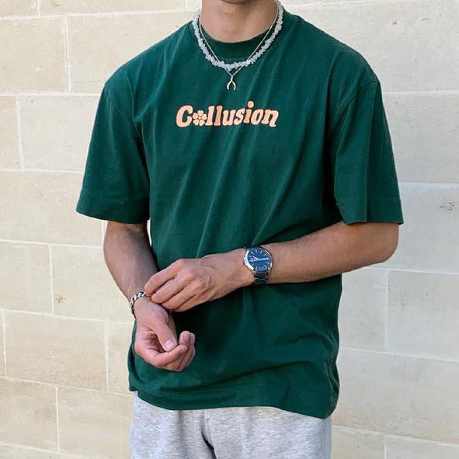 

Men's American Retro Street Trend Loose Casual Green Letter Print T-Shirt