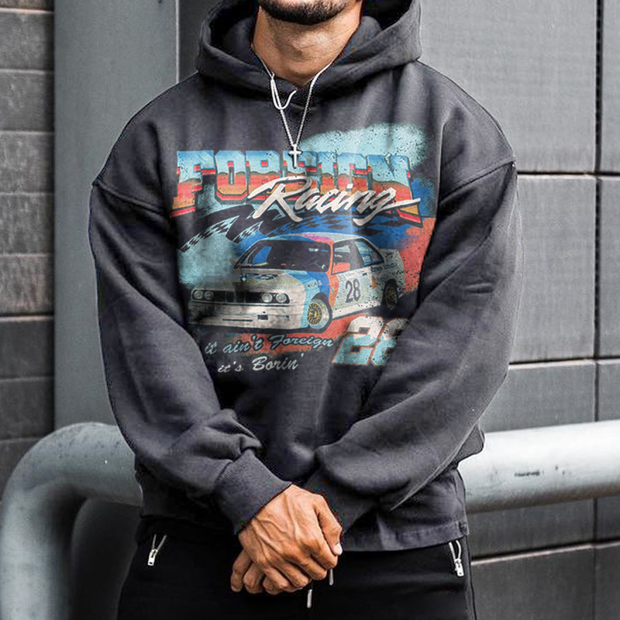

Men's Oversized Vintage Foreign Racing Print Casual Hooded Sweatshirt